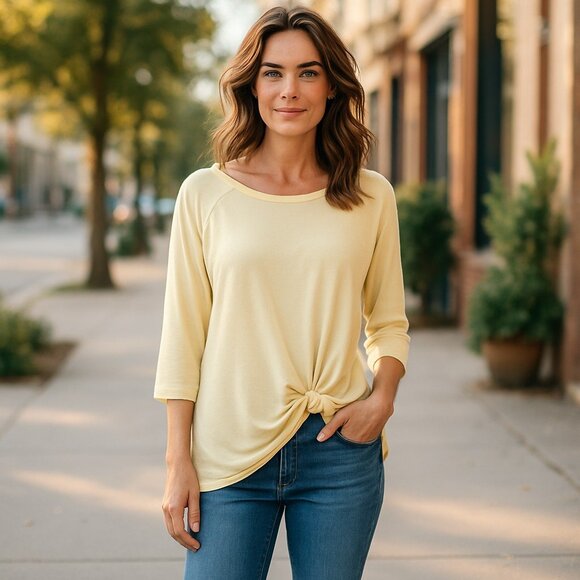 Twist Hem Soft Yellow Sweatshirt - Picture 1 of 9